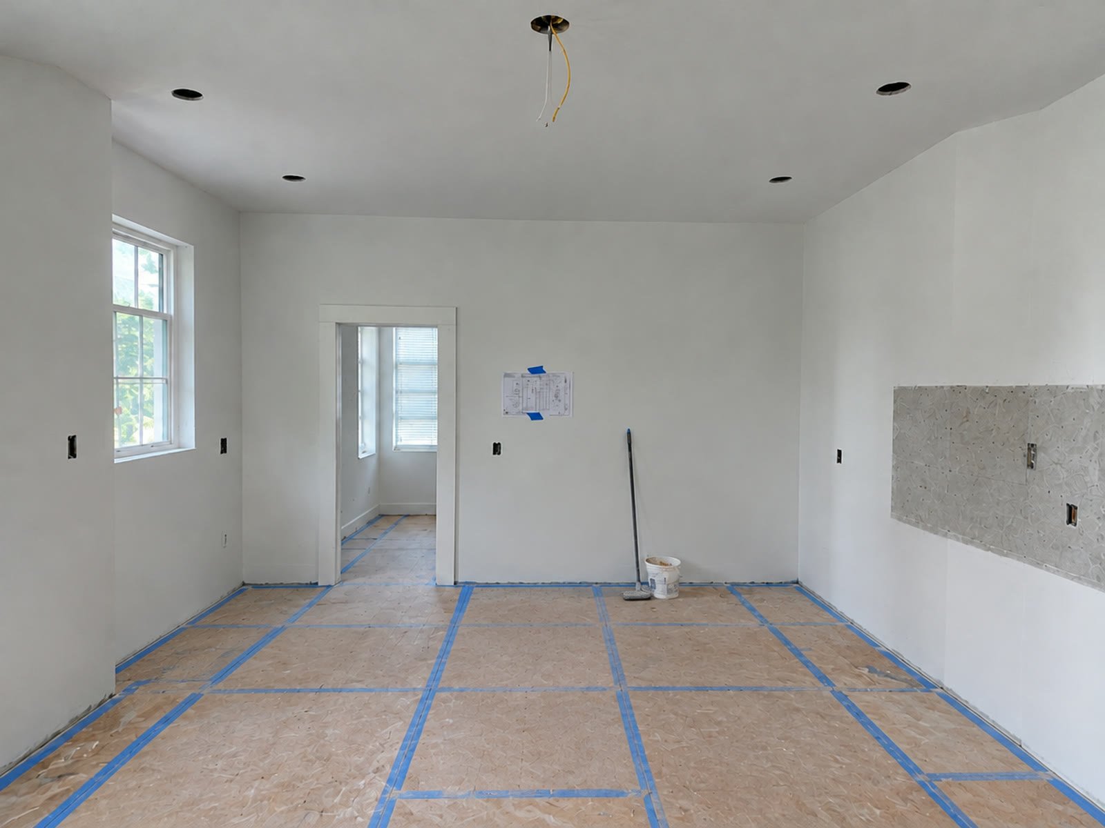 The kitchen before the remodel: an empty room with bare white walls, a cement board patch on the range wall and protected floors